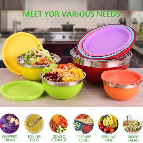 7Pcs Colorful Stainless Steel Salad Mixing Bowls Set Kitchen Tools Stainless Steel Nesting Mixing Bowl with Lids Cooking Baking-11799