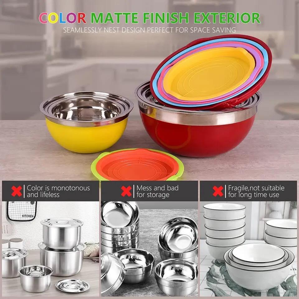 7Pcs Colorful Stainless Steel Salad Mixing Bowls Set Kitchen Tools Stainless Steel Nesting Mixing Bowl with Lids Cooking Baking-11799 - Image 4
