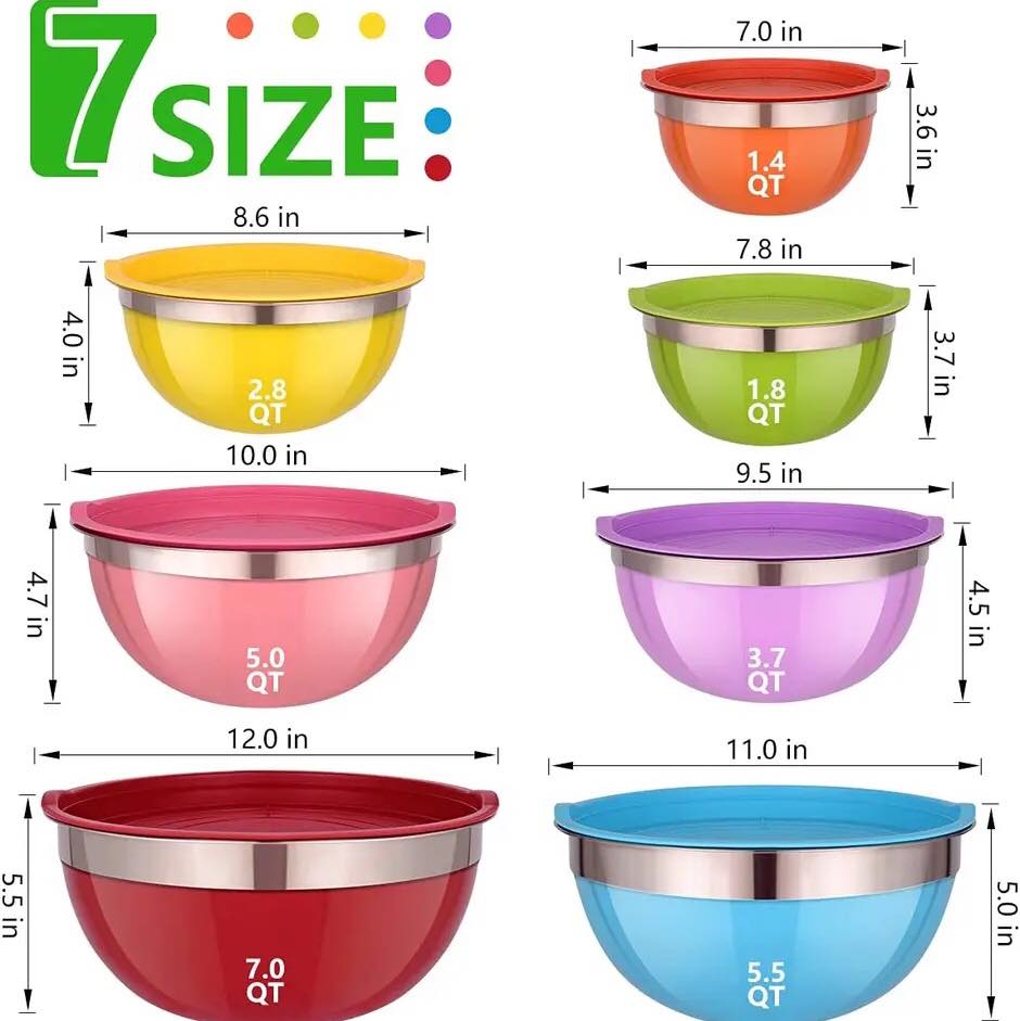 7Pcs Colorful Stainless Steel Salad Mixing Bowls Set Kitchen Tools Stainless Steel Nesting Mixing Bowl with Lids Cooking Baking-11799 - Image 2