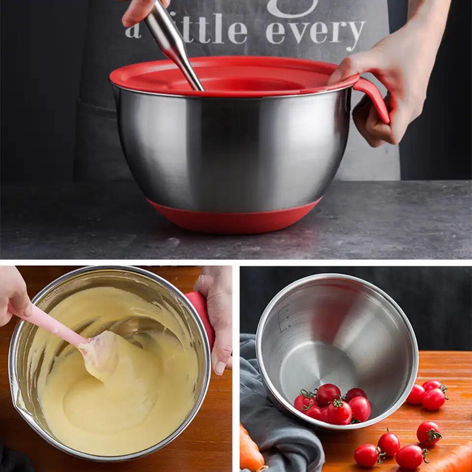 Steel Mixing Bowls With lid Handle Non-Slip Silicone Base DIY Cake Baking Mixer Bowl Salad Grater Kitchen Cooking Tool -11800
