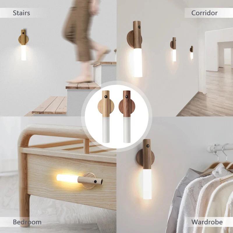 LED Wood Night Light PIR Motion Sensor Magnetic Wall Lamp USB Rechargeable Lights Home Staircase Bedroom Lamp Bedside Lighting - 12406