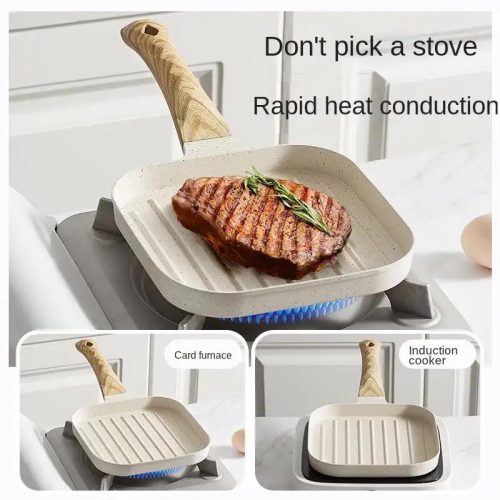 Non stick frying pan striped wooden handle steak frying induction cooker open flame universal beef steak frying pan - 11809-SQ