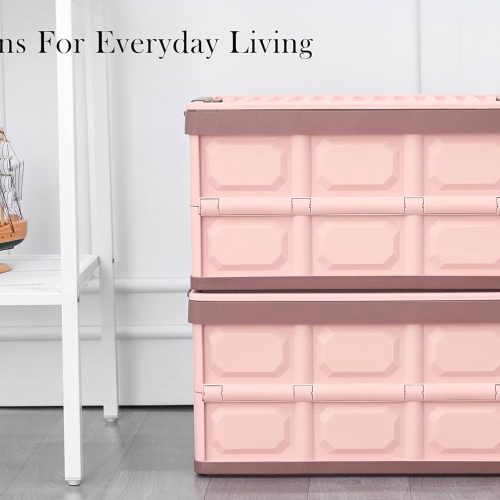 Storage Pink Collapsible Storage Bins with Lids 2-Pack, Folding Plastic Stackable Utility Crates Durable Containers for Home & Garage Organization 12338
