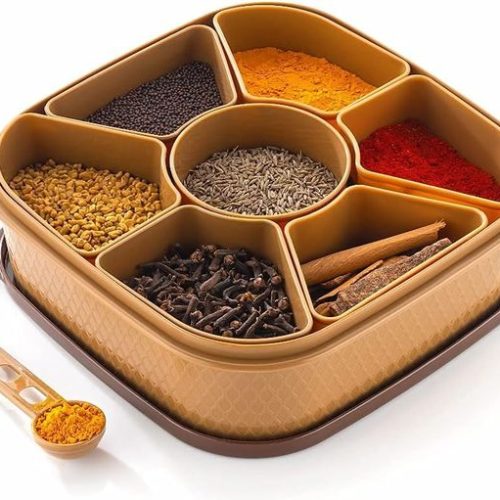 Masala Rangoli Box Dabba for Keeping Spices | Spice Box for Kitchen | Plastic Wooden Style Masala Box | Masala Container | Masala Dabba - 13086