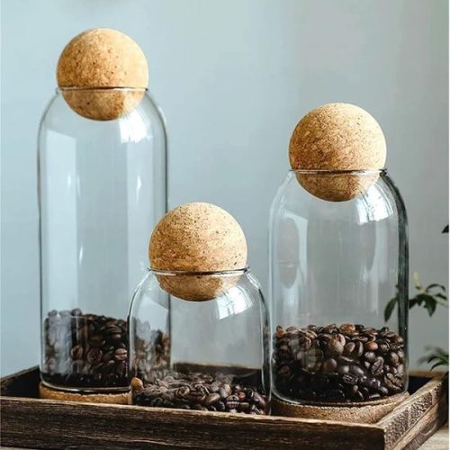 Containers, Spherical Wooden Cover Glass Organizers Jar Kitchen Utensils Packed Sugar Dried Fruit Snacks Milk Fat Coffee Beans Cereal Tea 3 PCS - 13077