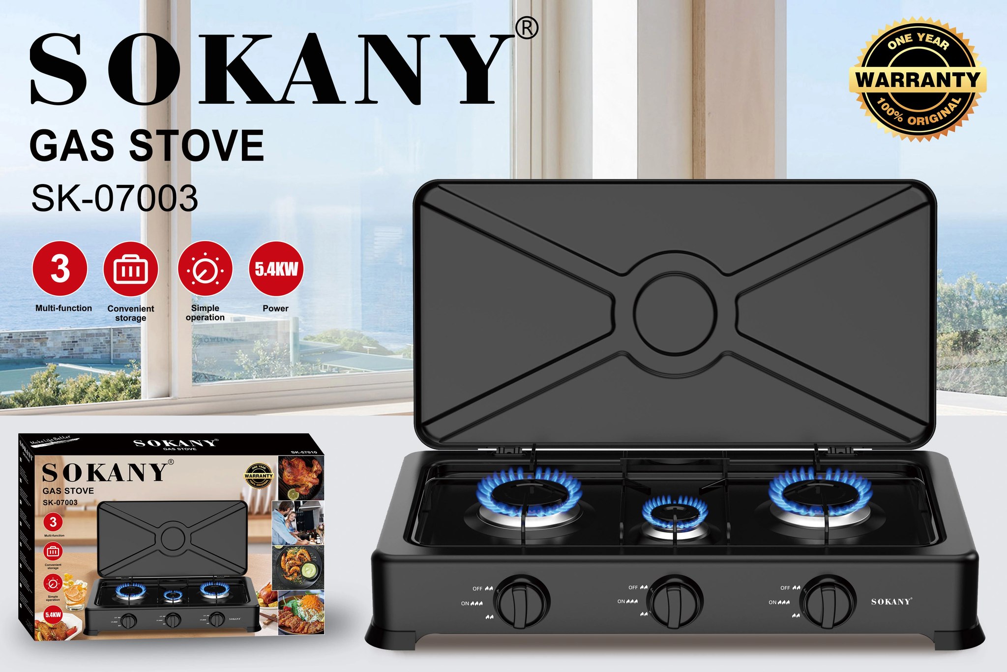 Gas Stove, 3 Burner Camping Stove Gas Portable, with Safety Lid, Stainless Steel Tabletop Gas Cooker, Adjustable Temperature Control, Automatic Ignition, LPG Dedicated -GAS COOK 3 BURNER SOKANY SK-07003