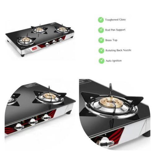 KANSON GAS COOK 3 BURNER GLASS TOP Code:-14632
